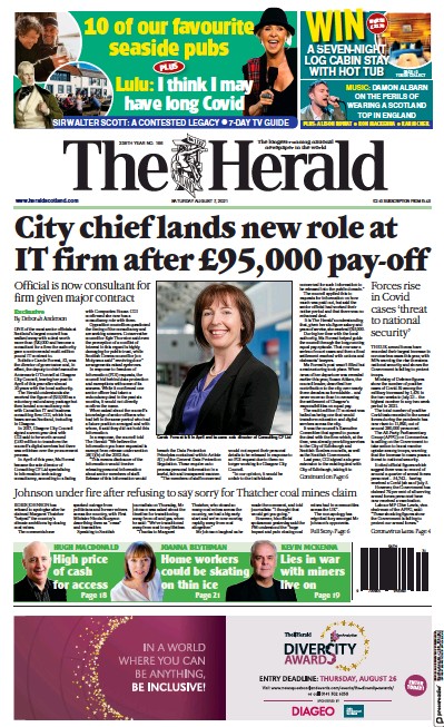 The Herald Newspaper Front Page (UK) for 7 August 2021