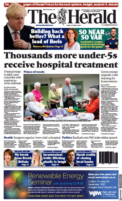 The Herald Newspaper Front Page (UK) for 8 October 2021