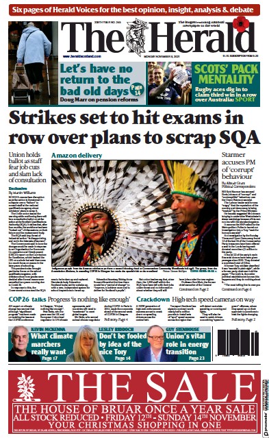 The Herald Newspaper Front Page (UK) for 8 November 2021