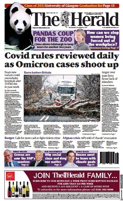 The Herald Newspaper Front Page (UK) for 8 December 2021