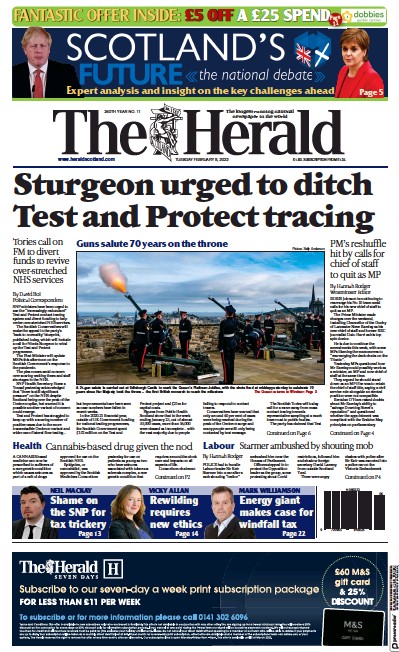 The Herald Newspaper Front Page (UK) for 8 February 2022