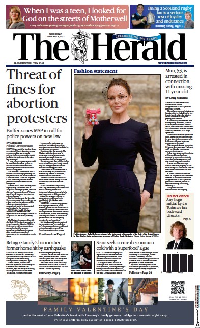 The Herald Newspaper Front Page (UK) for 8 February 2023