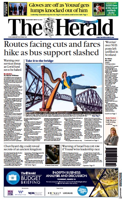 The Herald Newspaper Front Page (UK) for 8 March 2023