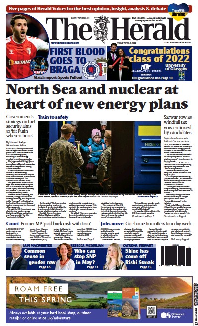 The Herald Newspaper Front Page (UK) for 8 April 2022