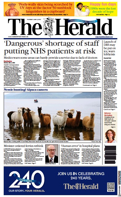 The Herald Newspaper Front Page (UK) for 8 June 2023