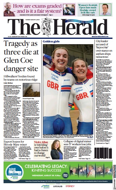 The Herald Newspaper Front Page (UK) for 8 August 2023