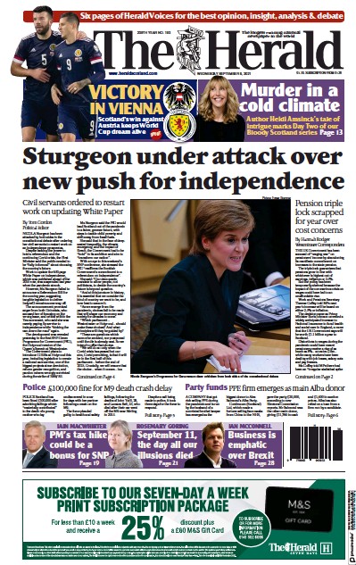 The Herald Newspaper Front Page (UK) for 8 September 2021
