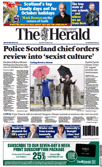 The Herald Newspaper Front Page (UK) for 9 October 2021