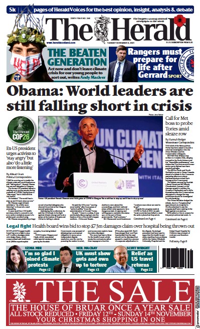 The Herald Newspaper Front Page (UK) for 9 November 2021