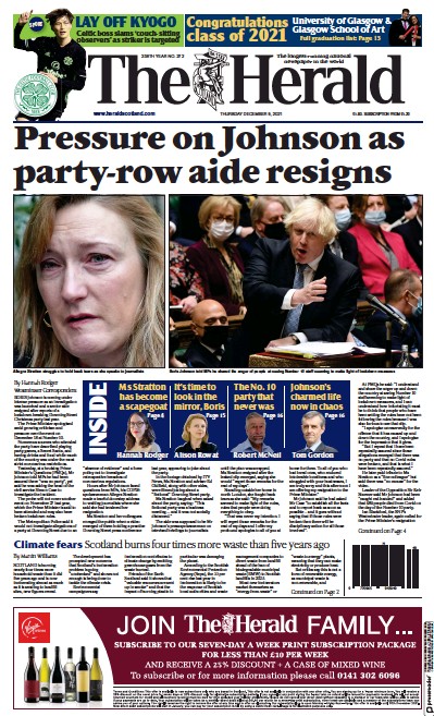 The Herald Newspaper Front Page (UK) for 9 December 2021