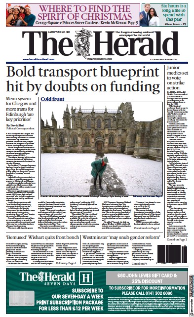 The Herald Newspaper Front Page (UK) for 9 December 2022