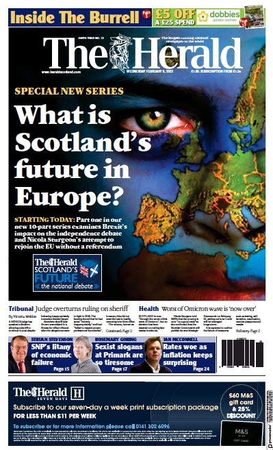 The Herald Newspaper Front Page (UK) for 9 February 2022