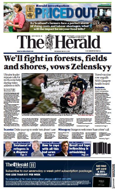 The Herald Newspaper Front Page (UK) for 9 March 2022