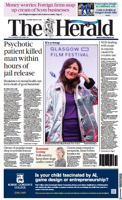 The Herald Newspaper Front Page (UK) for 9 March 2023