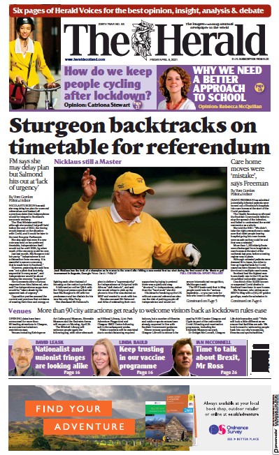 The Herald Newspaper Front Page (UK) for 9 April 2021
