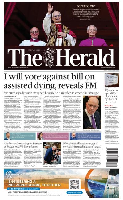 The Herald Newspaper Front Page (UK) for 9 May 2025