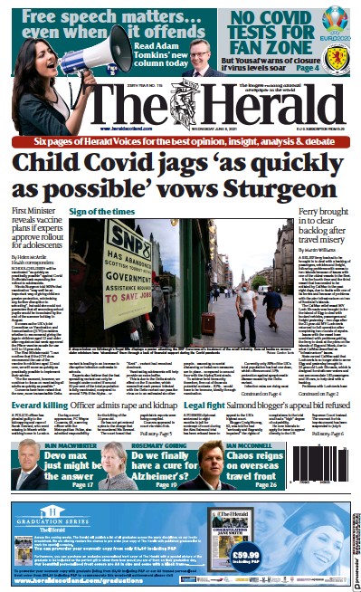 The Herald Newspaper Front Page (UK) for 9 June 2021