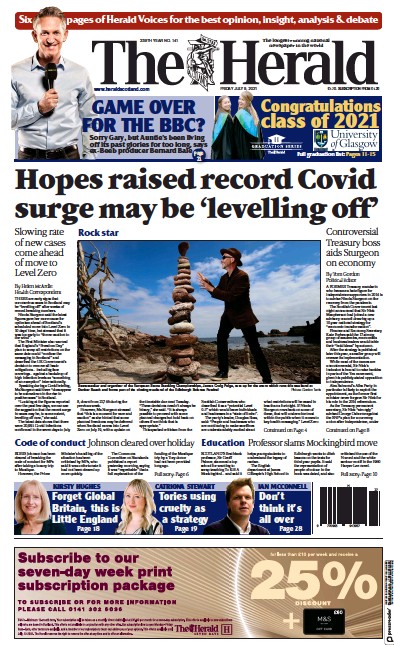 The Herald Newspaper Front Page (UK) for 9 July 2021