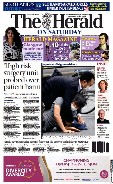 The Herald Newspaper Front Page (UK) for 9 July 2022