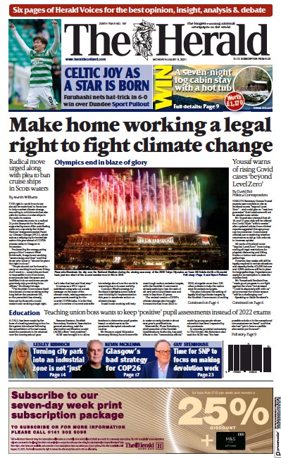 The Herald Newspaper Front Page (UK) for 9 August 2021