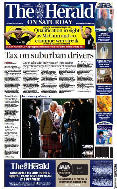The Herald Newspaper Front Page (UK) for 9 September 2023
