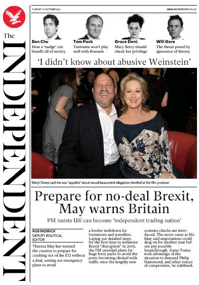 The Independent Newspaper Front Page (UK) for 10 October 2017