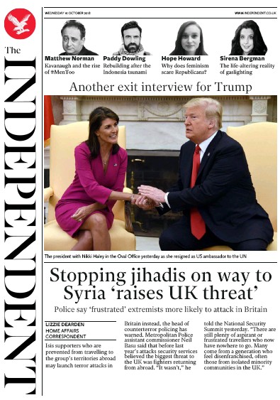 The Independent Newspaper Front Page (UK) for 10 October 2018