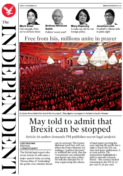 The Independent Newspaper Front Page (UK) for 10 November 2017