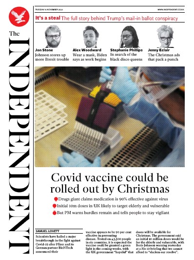 The Independent Newspaper Front Page (UK) for 10 November 2020