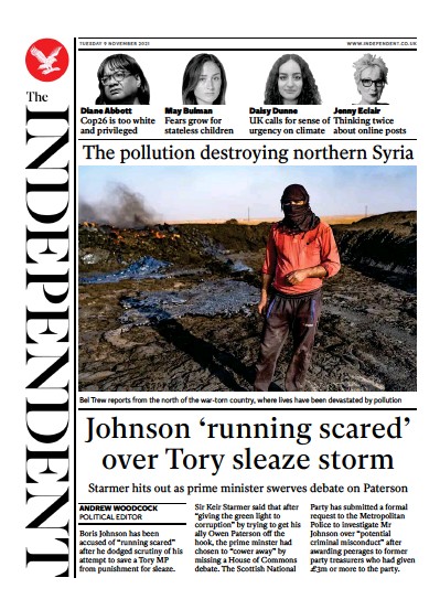 The Independent Newspaper Front Page (UK) for 10 November 2021