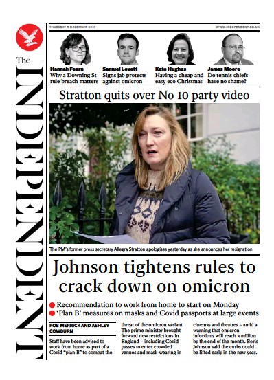 The Independent Newspaper Front Page (UK) for 10 December 2021