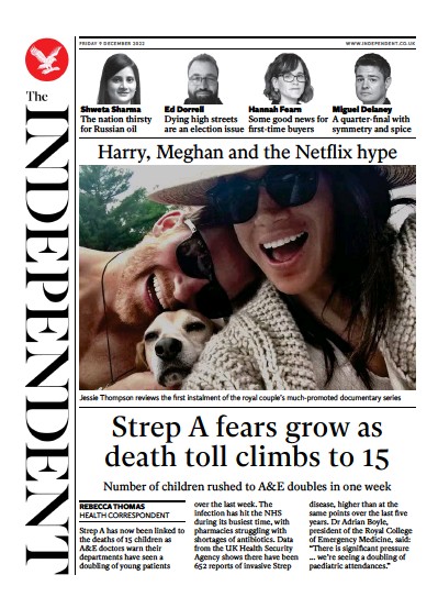 The Independent Newspaper Front Page (UK) for 10 December 2022