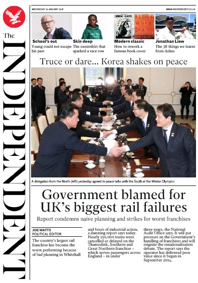 The Independent Newspaper Front Page (UK) for 10 January 2018