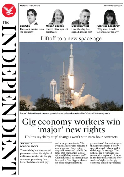 The Independent Newspaper Front Page (UK) for 10 February 2018