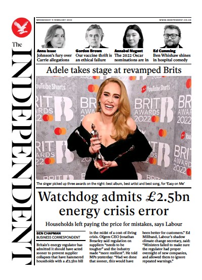 The Independent Newspaper Front Page (UK) for 10 February 2022