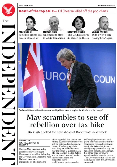 The Independent Newspaper Front Page (UK) for 10 March 2017