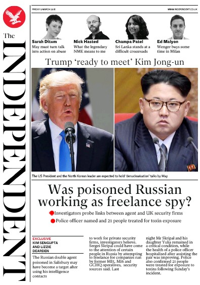 The Independent Newspaper Front Page (UK) for 10 March 2018