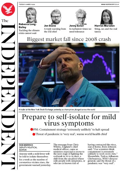 The Independent Newspaper Front Page (UK) for 10 March 2020
