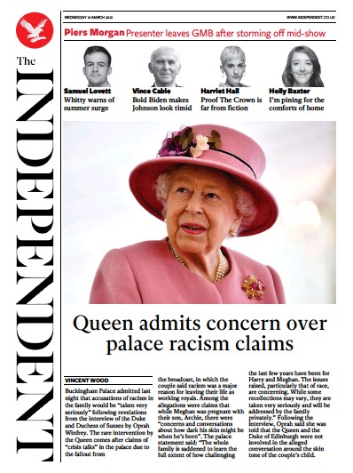 The Independent Newspaper Front Page (UK) for 10 March 2021