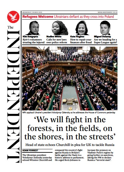 The Independent Newspaper Front Page (UK) for 10 March 2022