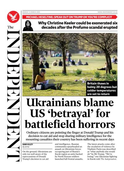 The Independent Newspaper Front Page (UK) for 10 March 2025