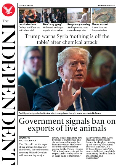 The Independent Newspaper Front Page (UK) for 10 April 2018
