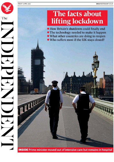 The Independent Newspaper Front Page (UK) for 10 April 2020