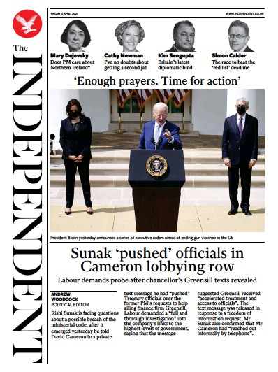 The Independent Newspaper Front Page (UK) for 10 April 2021