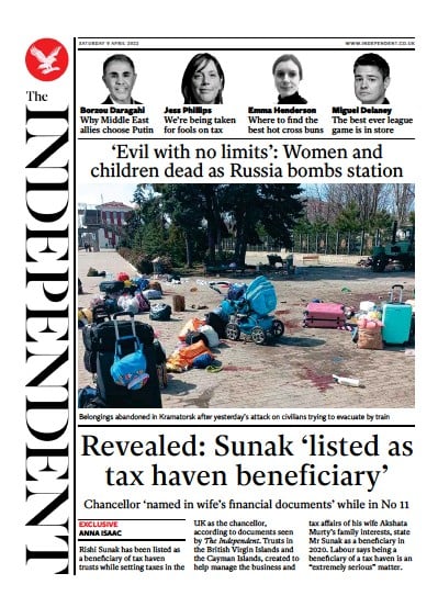The Independent Newspaper Front Page (UK) for 10 April 2022
