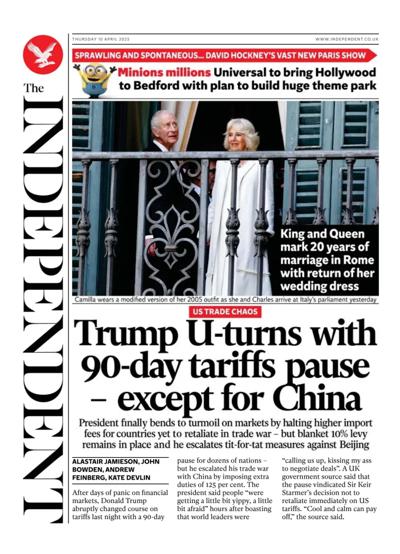 The Independent Newspaper Front Page (UK) for 10 April 2025