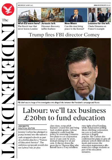 The Independent Newspaper Front Page (UK) for 10 May 2017