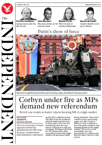 The Independent Newspaper Front Page (UK) for 10 May 2018