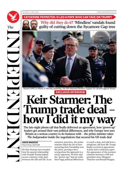 The Independent Newspaper Front Page (UK) for 10 May 2025