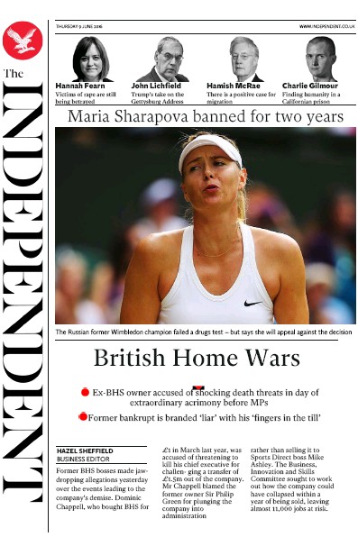 The Independent Newspaper Front Page (UK) for 10 June 2016